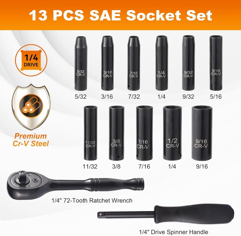 Reniteco 13-Piece 1/4" Drive Socket Set, SAE (3/16"- 11/32"), Deep Sockets, 72-Tooth Ratchet Wrench, Drive Spinner Handle, 6 Point Design, Cr-V - Image 2